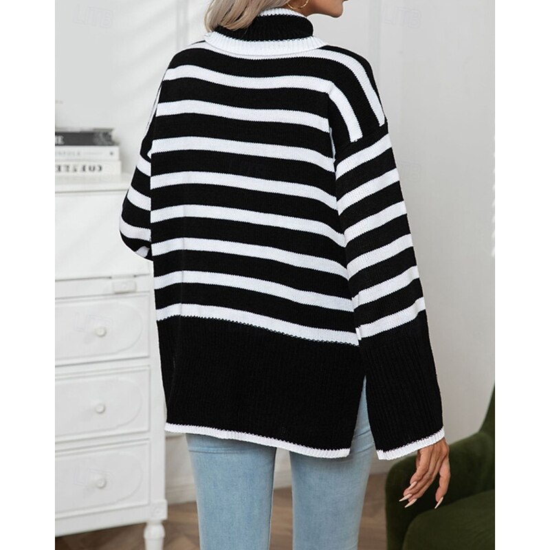 Women's Pullover Casual Striped Chunky Turtleneck Knitted Long Sleeve Regular Tops Knit Daily Holiday Going out Black White Fall Winter4