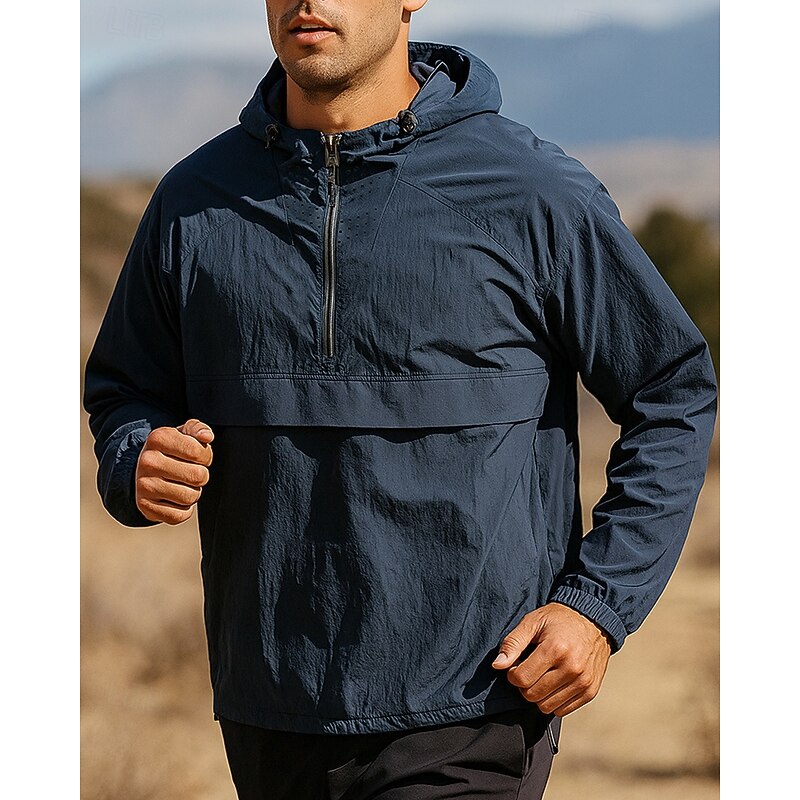Men's Running Jacket Outdoor Jacket Hooded Jacket Drawstring Pocket Long Sleeve Top Athleisure Solid Colored Sun Protection Windproof Moisture Wicking Breathable Fishing Hiking Running Sportswear