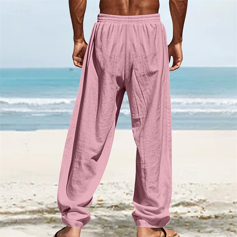 Men's Linen Pants Trousers Summer Pants Beach Pants Pocket Elastic Waist Drawstring Plain Comfort Breathable Vacation Daily Holiday Hawaiian Boho White Dark Red3