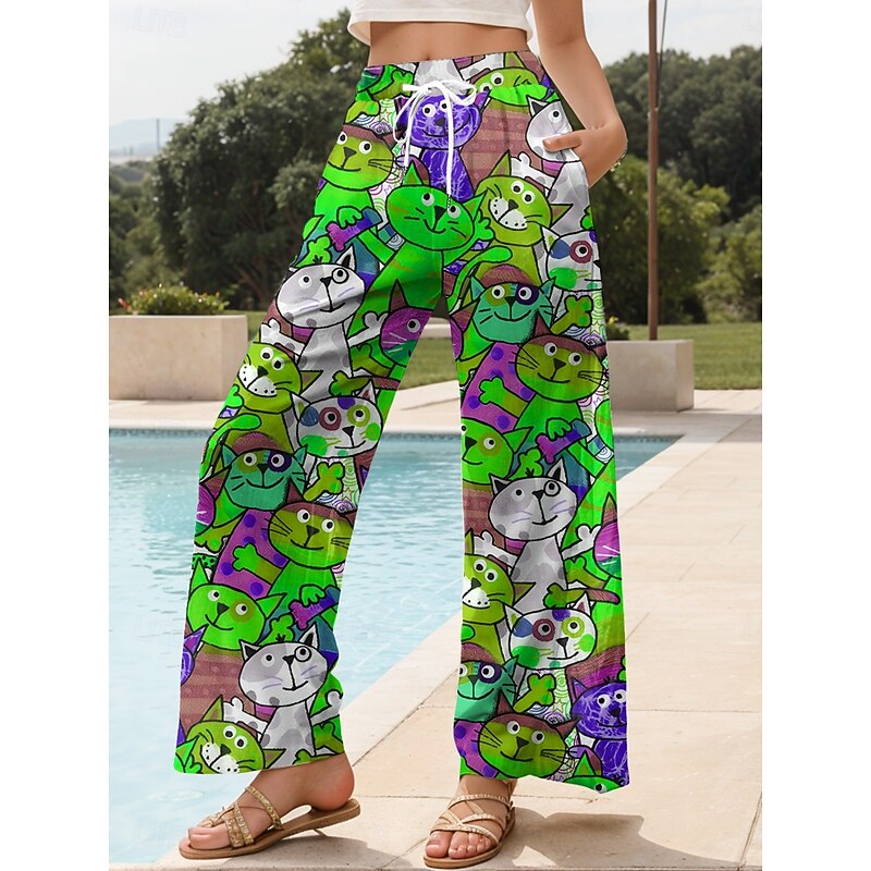 Women's Wide Leg Chinos Baggy Pants Vacation Vintage Fashion Full Length High Waist Graphic Animal Cat Printing Soft Breathable Micro-elastic Formal Outdoor Vacation Yellow Red Blue Purple Summer4