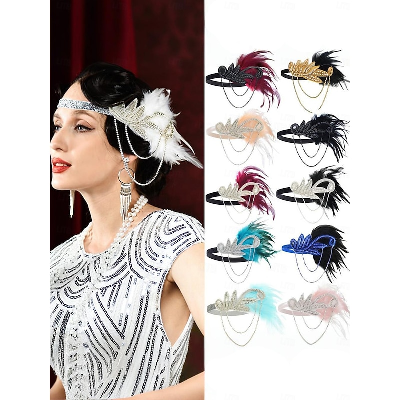 Women's 1920s Gatsby Flapper Headband - Rhinestone Feather Hair Accessory with Chains for Retro Themed Parties and Roaring Twenties Events