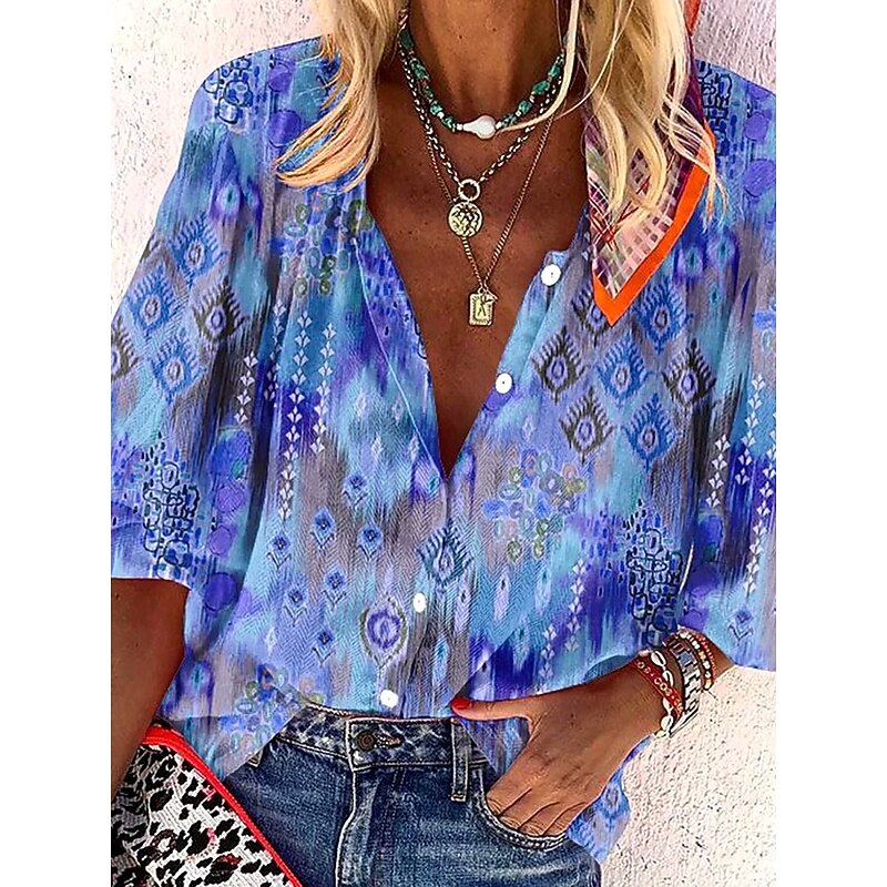 Women's Summer Tops Floral Graphic 3D Bohemia Vintage Daily 3/4 Length Sleeve V Neck Regular Tops Daily Holiday Beach Wear Print Light Green Blue Rainbow Summer Spring Fall3