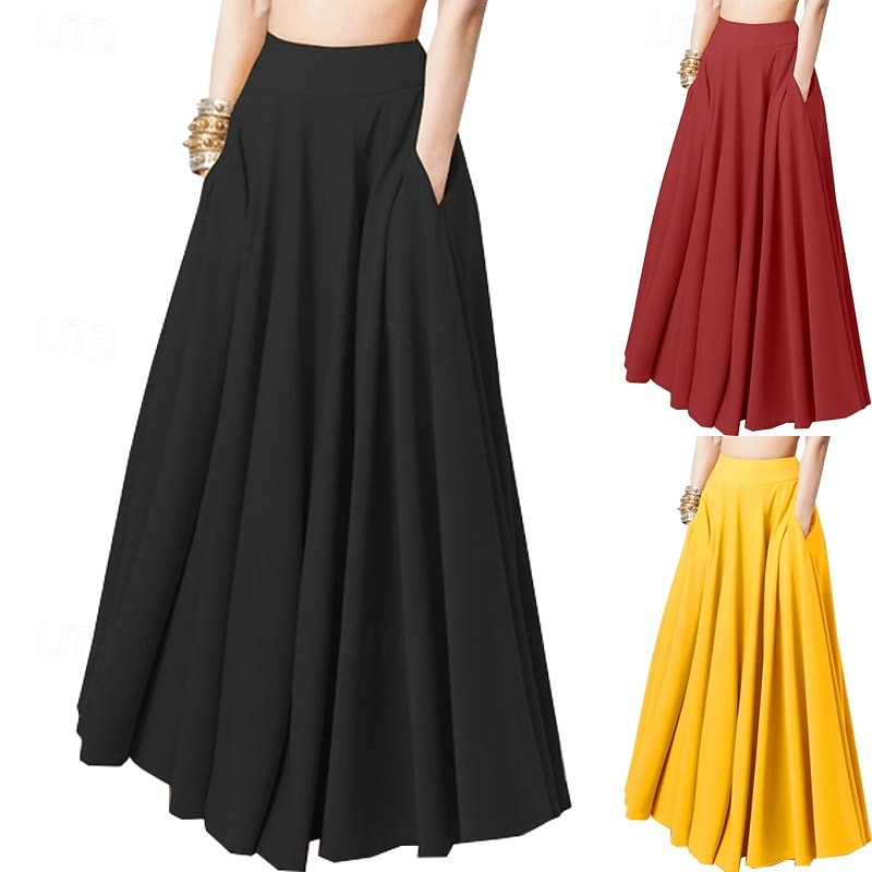 Women's Skirt Fashion Maxi Mid Rise Skirts Plain Pleated Pocket Micro-elastic Vacation Going out Black Yellow Red Summer Polyester