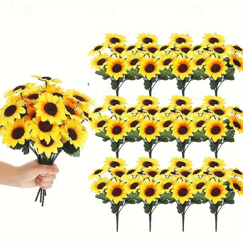 12 Bundles Artificial Sunflowers Fall Decor, UV Resistant Plastic Flowers for Indoor Outdoor Wedding Garden Patio Decoration, No Fading, Autumn Thanksgiving Christmas Decorations