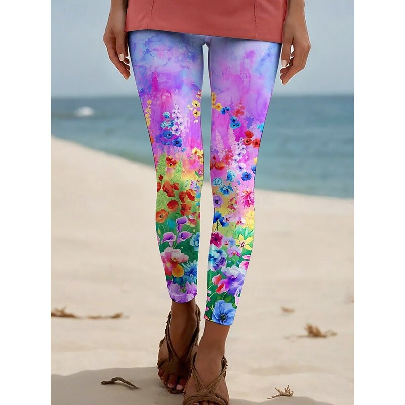 Women's Pants Trousers Leggings Cozy Leggings Streetwear Casual Full Length High Waist Floral Stripe Elastic Waist Print Breathability Comfortable Stretchy Vacation Street Daily Wear White Yellow3