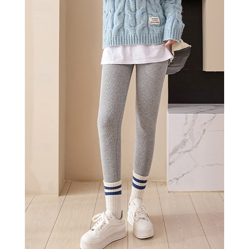 Women's Slacks Leggings Cozy Fleece Lined Streetwear Casual Full Length Natural Plain Elastic Waist Soft Outdoor Vacation Holiday Dark-Gray Black Light Grey Winter Regular Fit3