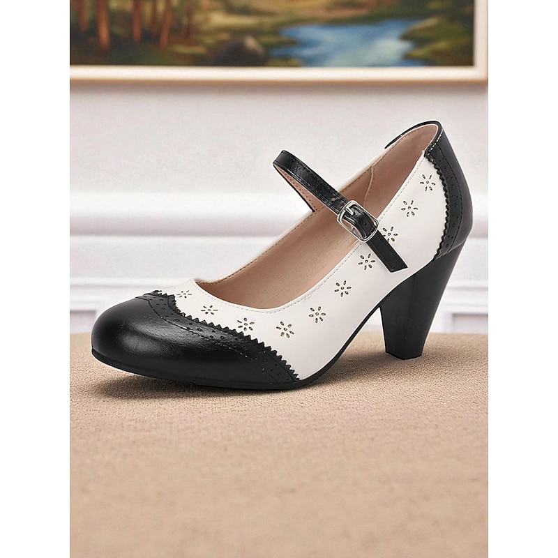 Women's 1950s Vintage Mary Jane Chunky Heel Pumps – Two-Tone Brown and White Brogue Style with Floral Cutouts, Ideal for Vintage Outfits, Office Wear, and Tea Parties