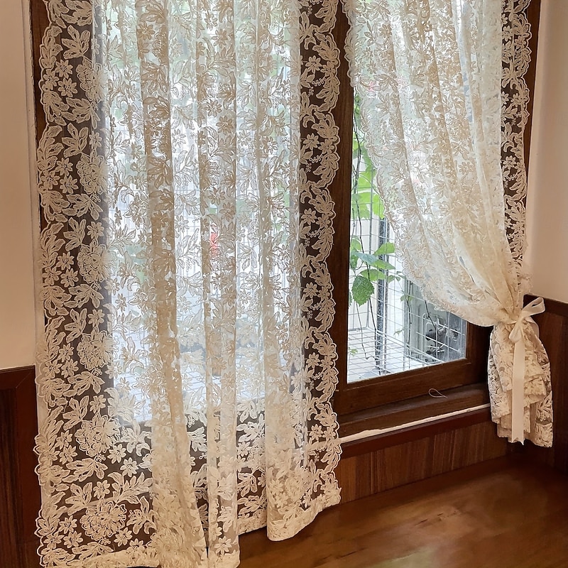 1Piece Vintage Jacquard Sheer Curtain Short Curtain With Rod Pocket Polyester Mesh Lace Embroidered Home Living Room Bedroom  kitchen Decor4