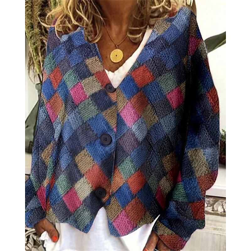 Women's Sweater Cardigan Fashion Streetwear Daily Floral Ribbed V Neck Knitted Long Sleeve Regular Tops Knit Holiday Going out Weekend Blue Green Fall Winter3