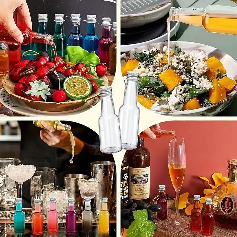 50pcs Mini Liquor Bottles with Funnel and Lids, 50ml/1.7oz Clear Plastic Bottles for Alcohol, Party Favors for Wedding, Birthday, Beer Festival, Bar Events3