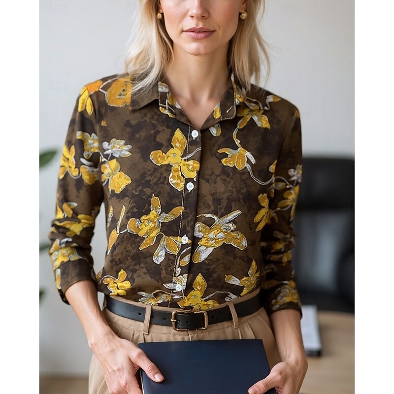 Women's Blouse Dressy Tops Chiffon Tops Floral Color Block Elegant Daily Stylish Long Sleeve Shirt Collar Regular Tops Work Daily Buttons Print Yellow Pink Red Brown Beige Spring, Fall, Winter, Summer4