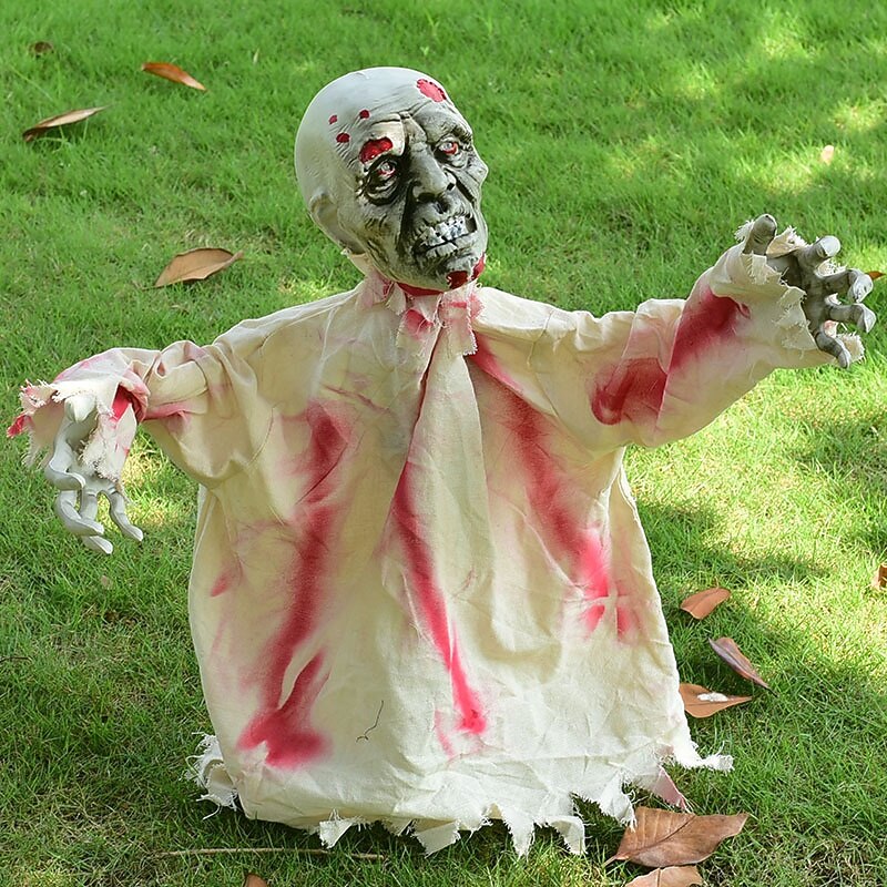 1pc Halloween Groundbreaker Zombie Lawn Stakes, Large Motion-Activated Sound Control Scary Props, Traditional Style, Plastic And Denim Material, Outdoor Spooky Decorations4