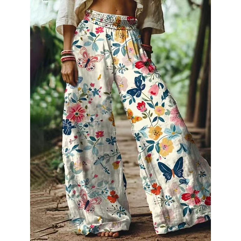 Women's Cotton Linen Pants Wide Leg Pants Trousers Bohemian Casual Long High Waist Floral Elastic Waist Printing High Cut Breathability Soft Micro-elastic Vacation Street Daily Wear White Pink Blue