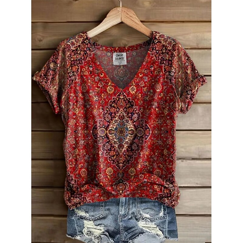 Women's T Shirt Floral Graphic Paisley Bohemia Vintage Stylish Short Sleeve V Neck Regular Tops Daily Going out Weekend Print Red Light Brown Green off-white Summer Spring