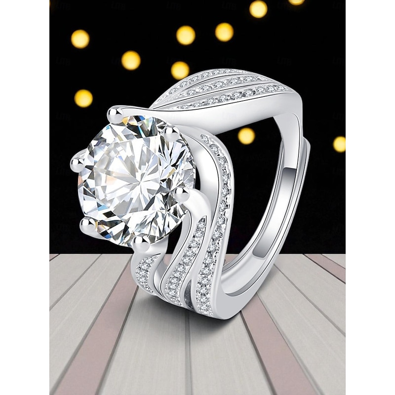 Women's Luxury Silver-Plated Ring with Large Round Cut Zircon and Pave Crystal Detailing - Elegant Statement Jewelry for Parties and Formal Occasions3