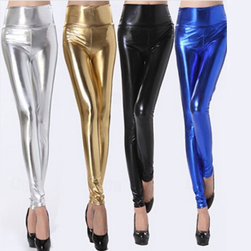 Women's Leather Pants Leggings Cozy Leggings Streetwear Long High Waist Plain High Cut Windproof Micro-elastic Street Going out Silver Lake blue Black Red Fall Regular Fit