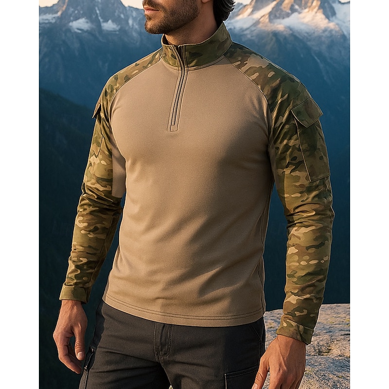 Men's Half-Zipped Sweatshirt Military Sweatshirt Long Sleeve Stand Collar Top Outdoor Breathable Cotton Blend Camo Dark Grey Python Black Black Traveling Running