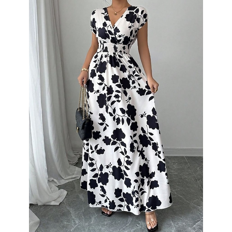 Women's Maxi Dress A Line Dress Vacation Casual Boho Outdoor Going out Standard Fit Floral Short Sleeve V Neck Black Red Blue Orange Summer