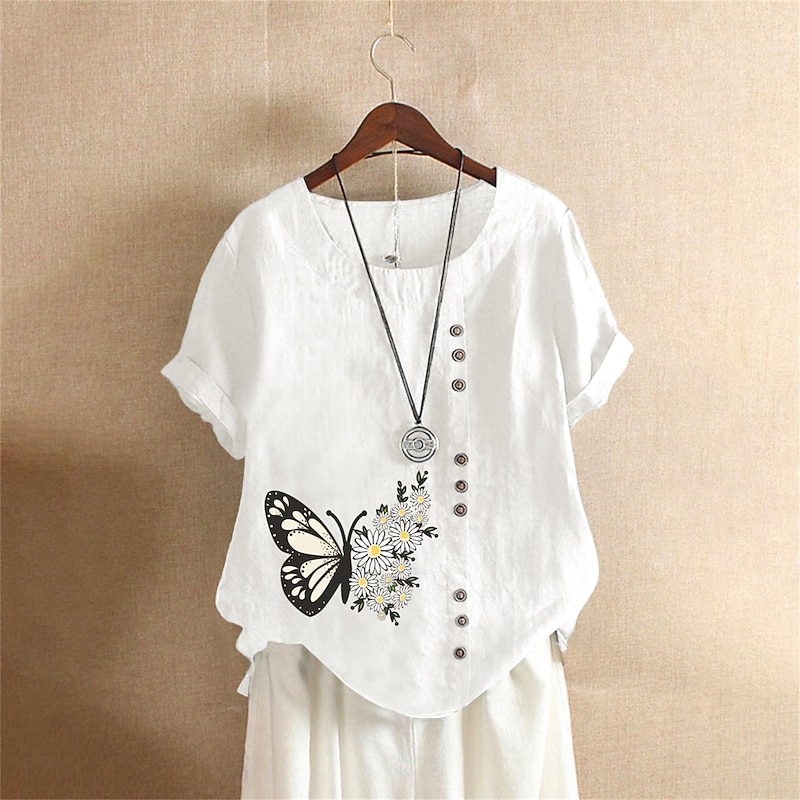 Women's Cotton Linen Shirts Animal Butterfly Elegant Vintage Tropical Short Sleeve Crew Neck Regular Tops Daily Holiday Vacation Wear Buttons White Army Green Navy Blue Blue Brown Summer Spring