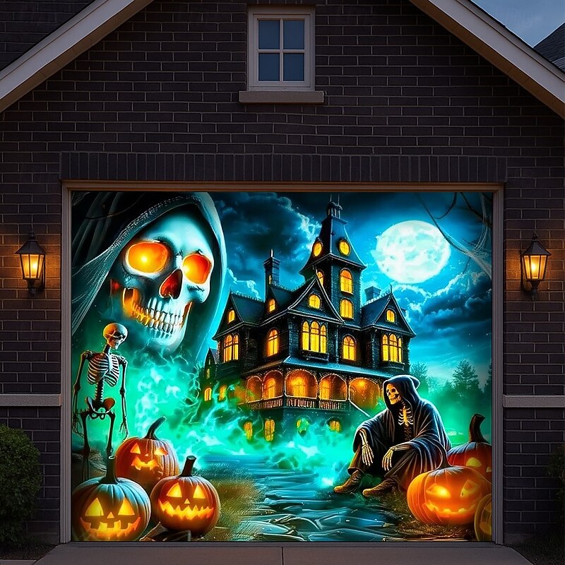 Halloween Garage Door Cover Haunted House with Pumpkins Banner, Large Tapestry Backdrop Decoration for Holiday Outdoor Garage Door and Home Wall, 2025 Halloween Decorations