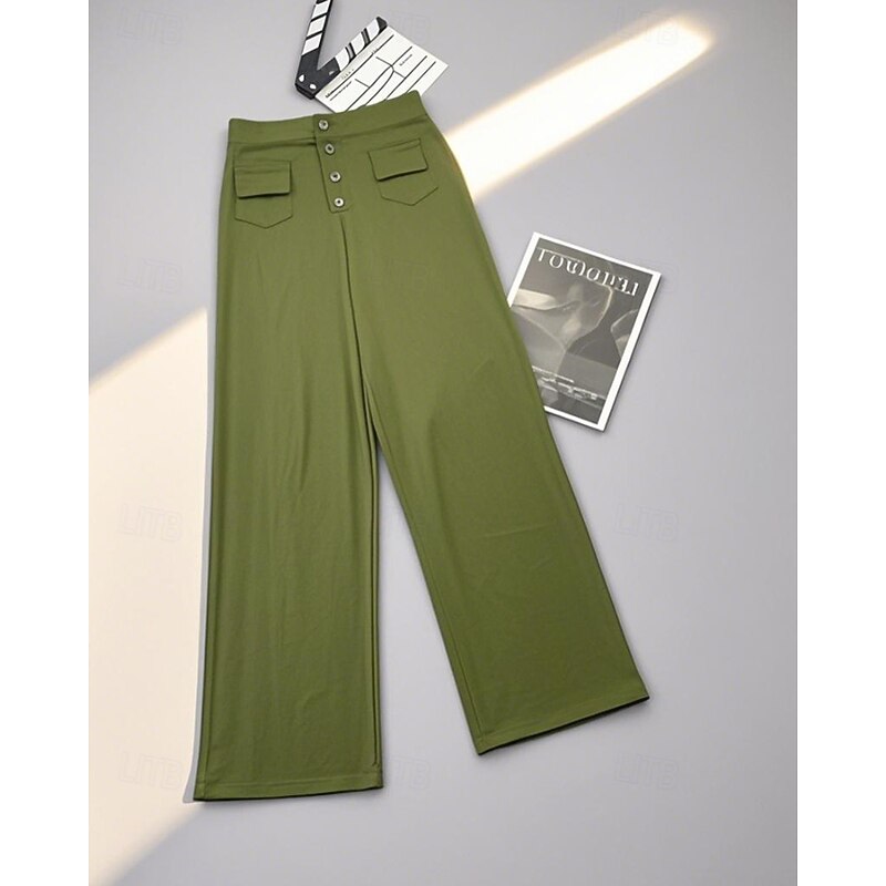 Women's Wide Leg Slacks Straight Streetwear Casual Full Length Natural Plain Pocket Elastic Waist Buckle Comfortable Outdoor Street Going out Apple Green Dark-Gray Orange red Forest Green Fall2