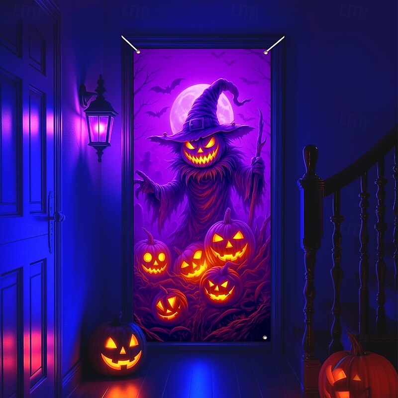 Halloween Door Cover Neon Pumpkin Face through Window Banner, Glowing Blacklight Entrance Decoration for Outdoor & Indoor 2025 Halloween Bedroom, Living Room, Bathroom4