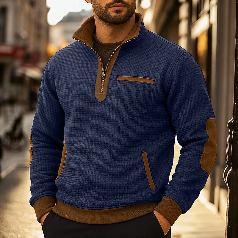 Men's Zip Up Sweatshirt Waffle Sweatshirt Pullover Black Navy Blue Half Zip Plain Pocket Color Block Work Sports & Outdoor Casual Active Vintage Cool Spring Fall Clothing Apparel Hoodies Sweatshirts