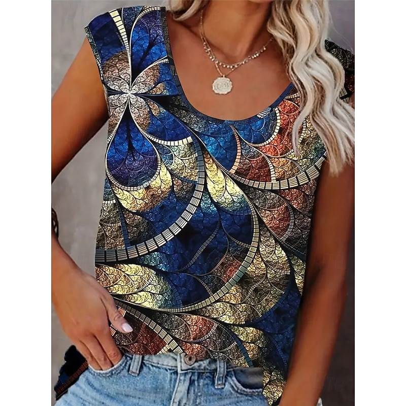 Women's Camisole Tank Top Ombre Graphic Geometric Vintage Tropical Daily Sleeveless Crew Neck Square Neck Scoop Neck Regular Tops Daily Print Blue Summer Spring