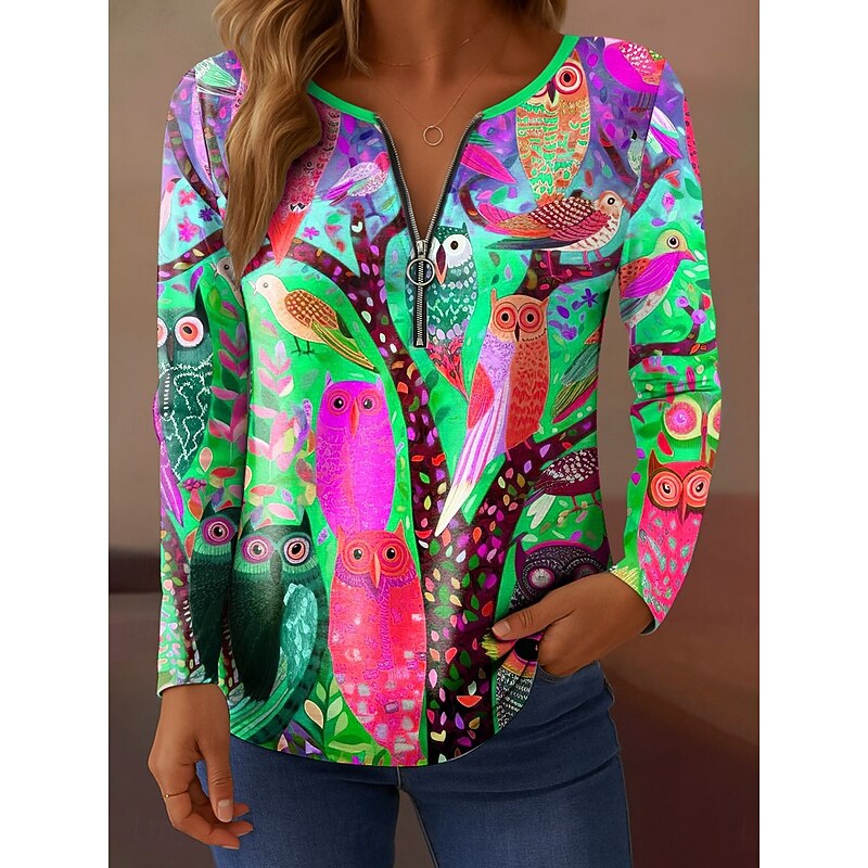 Women's T shirt Long Sleeve Quarter Zip Long Sleeve Casual Graphic Owl Elegant Vintage Stylish V Neck Regular Tops Daily Pink Blue Orange Green Spring Fall Prefall3