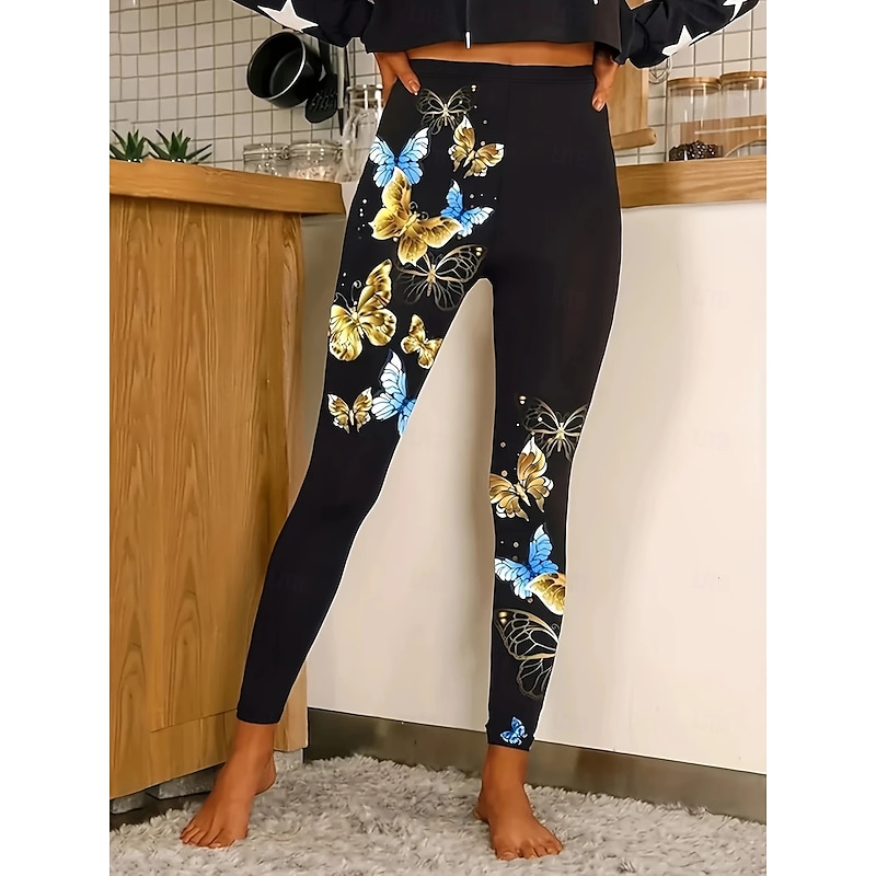 Women's Leggings Vacation Vintage Ethnic Style Ankle-Length High Waist Graphic Animal Butterfly 3D Print Quick Dry Breathability Soft Stretchy Outdoor Home Causal Yellow Blue Purple Fall Slim Fit