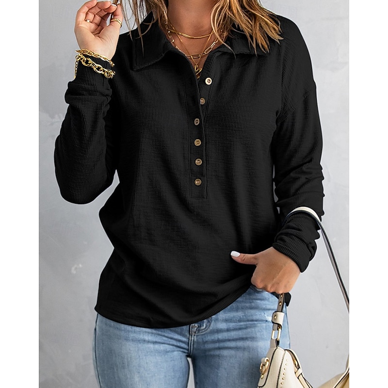 Women's Pullover Plain Streetwear Casual Comfy Long Sleeve V Neck Regular Tops Street Holiday Going out Buttons Quarter Zip Black White Gray Fall3