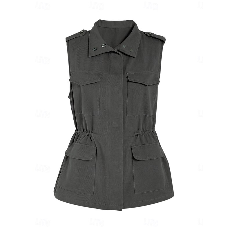 Women's Vest Comfortable Breathable Zipper Pocket Casual Plain Vacation Street Casual Daily Wear Zipper Regular Turndown Regular Fit Sleeveless Outerwear Black Brown Beige Summer Spring2