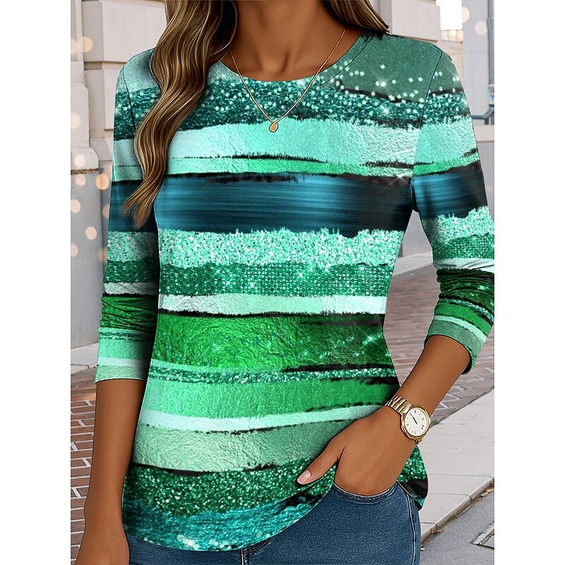 Women's T shirt Crew Neck Long Sleeve Tunic Graphic Geometric Vintage Stylish Classic  Round Neck Regular Tops Daily Print Blue Purple Green Fall4