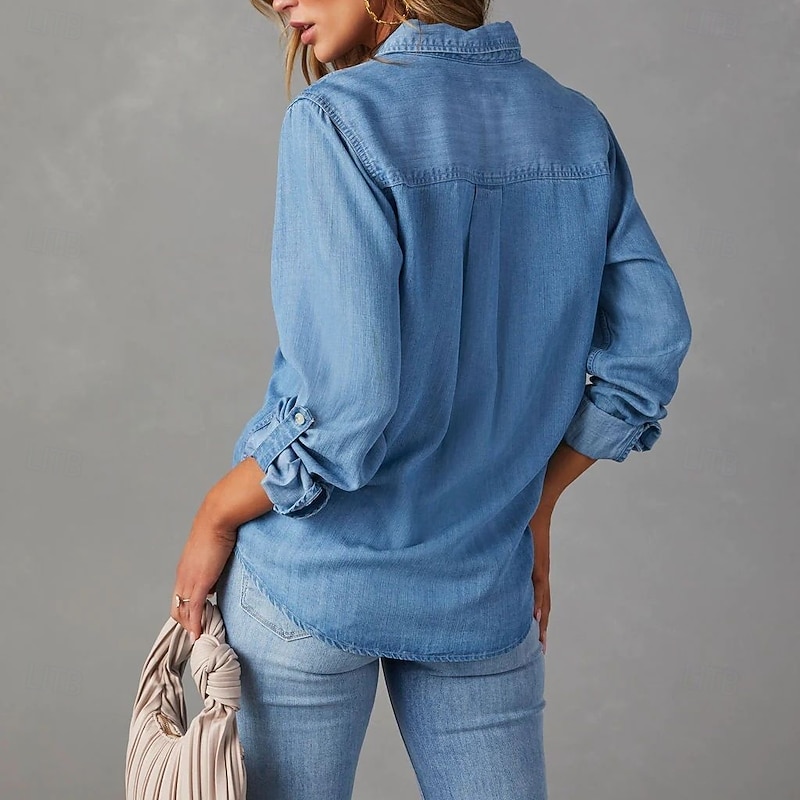 Women's Cotton Blend Denim Shirt Button Down Blouse Solid Color Vintage Tropical Daily Long Sleeve Shirt Button Down Blouse Collar Regular Tops Work Daily Holiday Light Blue Black Dark Blue Dark Gray2