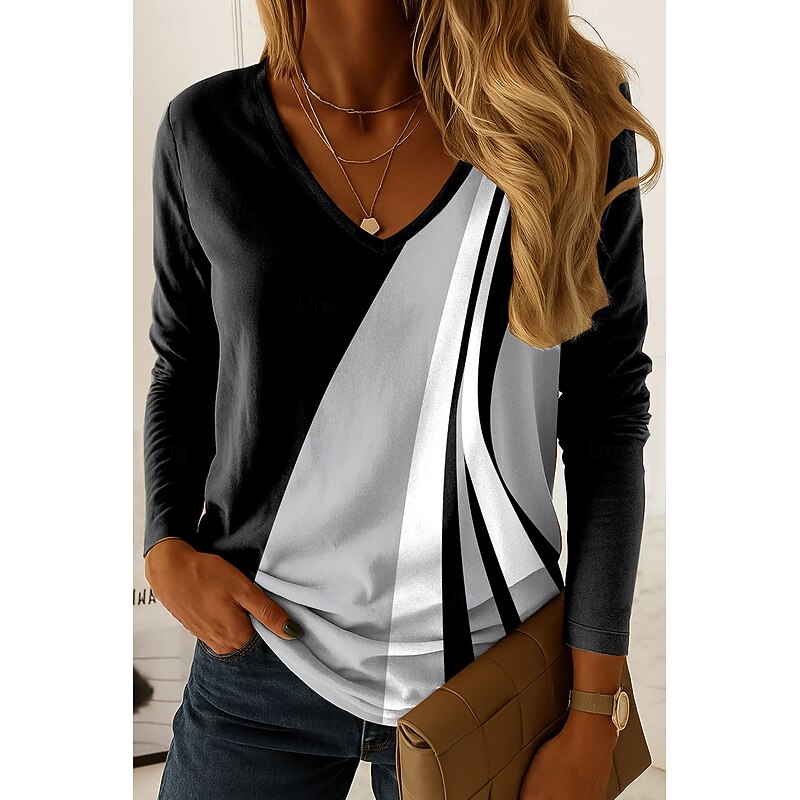 Women's T shirt Long Sleeve V Neck Long Sleeve Tunic Graphic Geometric Vintage Stylish Classic Regular Tops Daily Print Pink Blue Purple Green Gray Spring Fall Prefall
