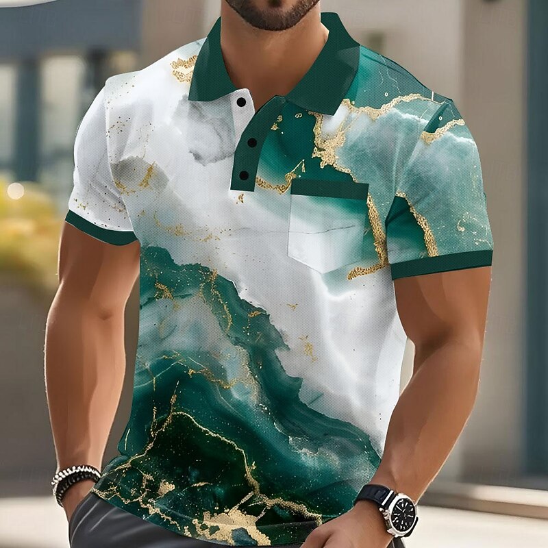 Men's Geometic Marble Polo Short Sleeve Polo Shirts Collared Shirts Business Casual Outdoor Athleisure Daily Wear 3D Print Buttons Summer Red Blue Purple3