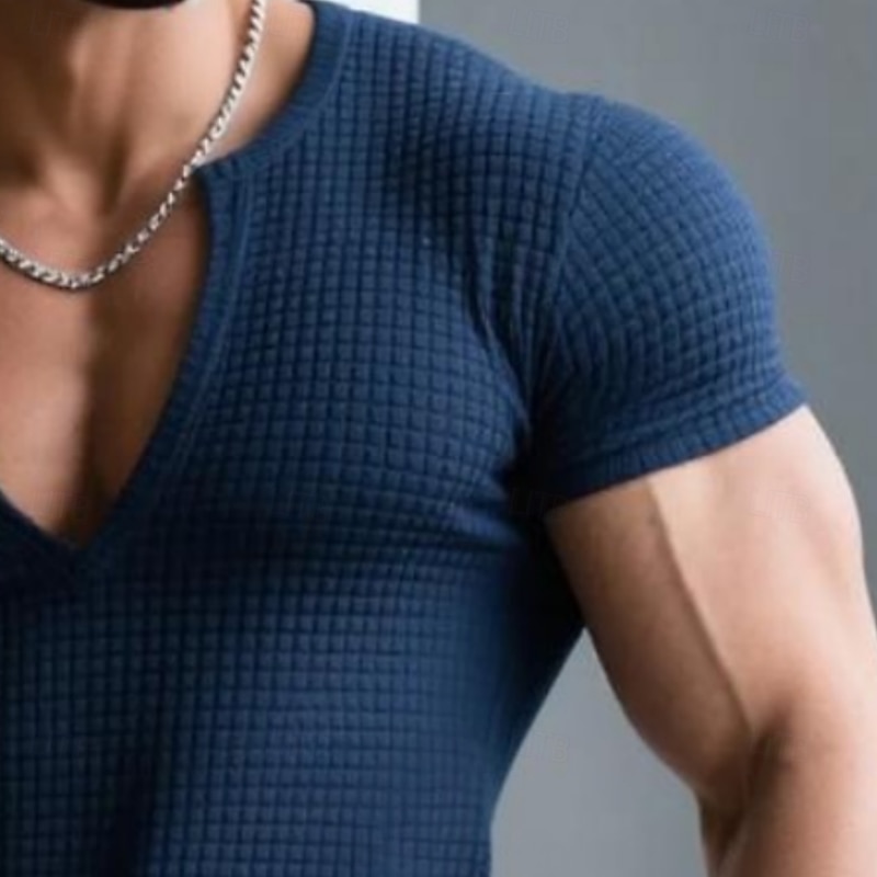 Men's Waffle T-shirt Tee Top Short Sleeve V Neck Open Front Summer All Seasons Solid Color Textured Fashion Designer Casual V Neck Outdoor Casual Daily Black White Navy Blue Top Tee for Men2