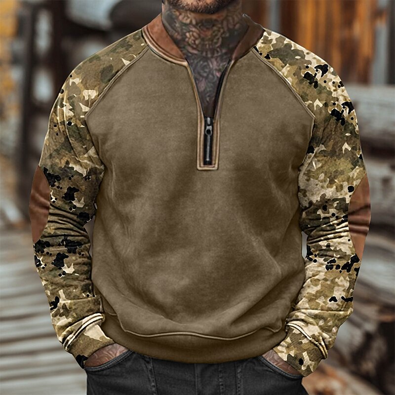 Men's Sweatshirt Quarter Zip Sweatshirt White Army Green Orange Brown Brown 2 Half Zip Color Block Camo / Camouflage Half Zip Print Casual Daily Holiday Polyester Vintage Streetwear Casual Fall Winter4