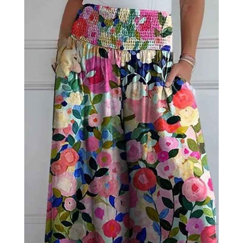 Women's Wide Leg Slacks Streetwear Casual Full Length Natural Floral Pocket Elastic Waist Printing Comfy Outdoor Holiday Going out Weekend Pink Fall Regular Fit2