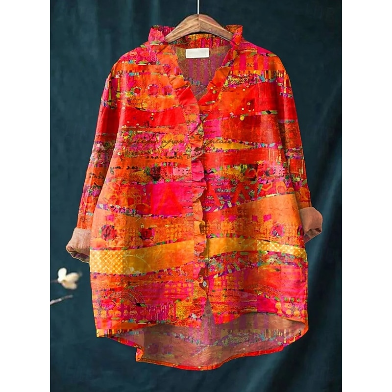 Women's Boho Shirt Graphic Geometric Elegant Bohemia Active Long Sleeve Regular Tops Daily Holiday Going out Ruffle Black Yellow Pink Orange Khaki Summer Spring Fall