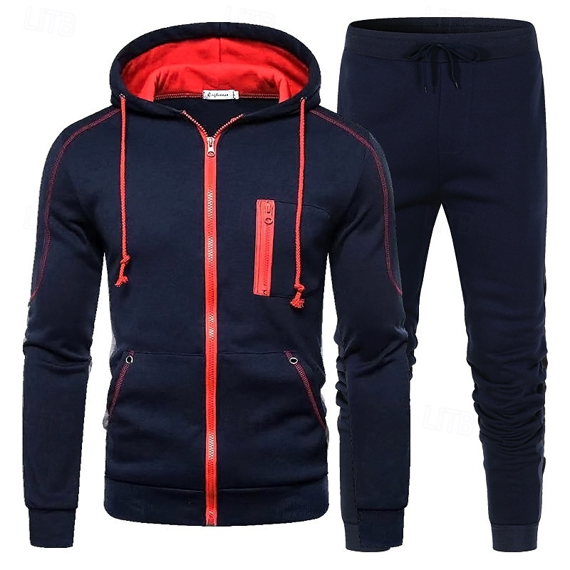 Men's Hoodie Tracksuit Full Zip Hoodie Sweatsuit Black Red Navy Blue Royal Blue Light Grey Hooded Color Block 2 Piece Sports & Outdoor Daily Holiday Polyester Streetwear Basic Casual Spring Fall3