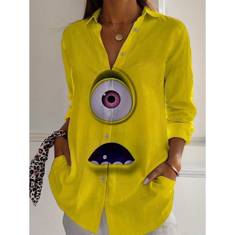 Women's Cartoon Funny Smile Face Shirt  Active Daily Stylish Long Sleeve Shirt Collar Regular Tops Daily Holiday Buttons Print Yellow Blue Purple Green Spring Fall4