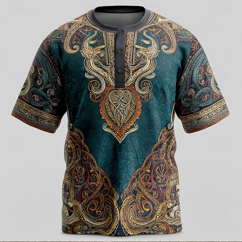 Men's Viking T Shirt Henley Shirt Short Sleeve Viking Designer Retro Vintage Street Casual Daily Summer Spring All Seasons Light Green Blue Dark Green khaki Henley Henley T-Shirt