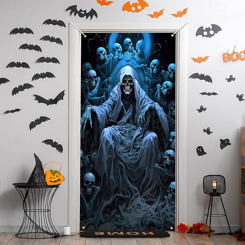 Halloween Door Cover Outdoor Banners Grim Reaper 3D Psychedelic Dark Punk Gothic Style Party Outdoor Shooting Backgrounds Front Door Wall Porch Home Decor3