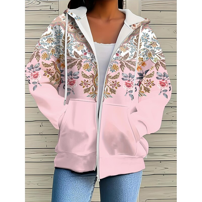 Women's Hooded Sweatshirt Jacket Long Sleeve Zip Up Hoodie With Pocket Lightweight Casual Oversized Geometric Striped Active Vintage Sports Drawstring Black Pink Red Blue Orange Spring Fall3