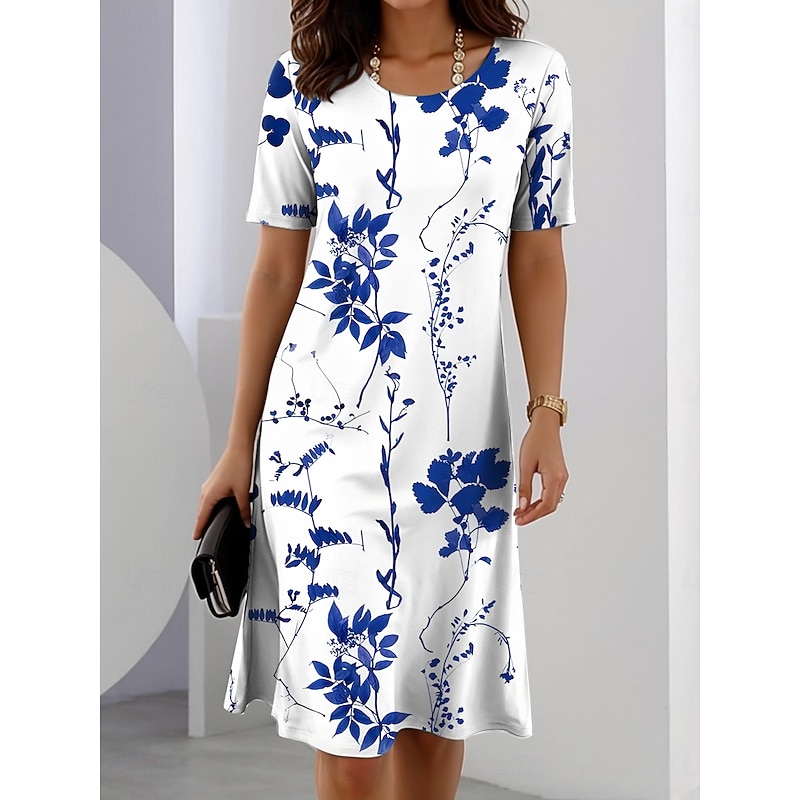 Women's Elegant Party Evening Midi Dress Crew Neck Short Sleeve A Line Dress Summer Dress Casual Daily Regular Fit Floral Graphic Red Blue Purple Green Summer Spring
