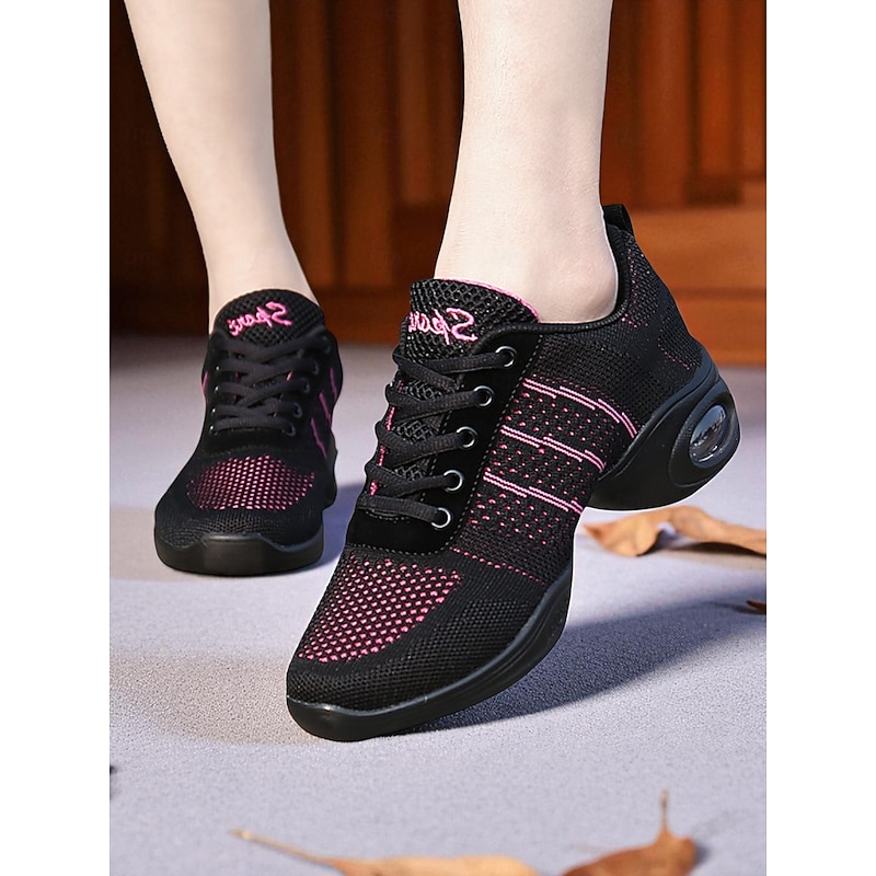 Women's Black Pink Mesh Jazz Dance Sneakers - Lightweight Breathable Professional Hip-Hop Fitness Dance Shoes with Shock-Absorbing Sole for Training and Performance