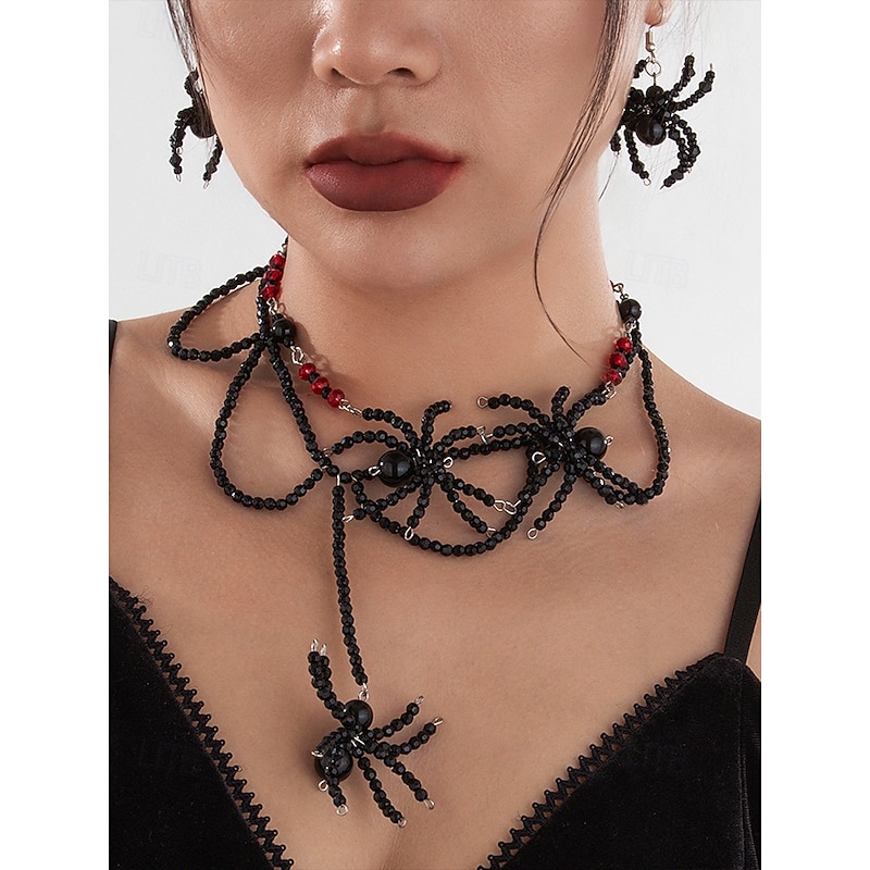 Women's Halloween Spider Beaded Necklace and Earrings Set – Gothic Black and Red Alloy Acrylic Jewelry, Creepy Cute Costume Accessories for Parties and Cosplay - Main Image
