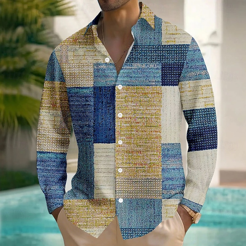 Men's Color Block Patchwork Shirt Button Up Shirt Long Sleeve Fashion Casual Outdoor Daily Streetwear Spring Fall Turndown 3D Print Linen Like Shirt Blue