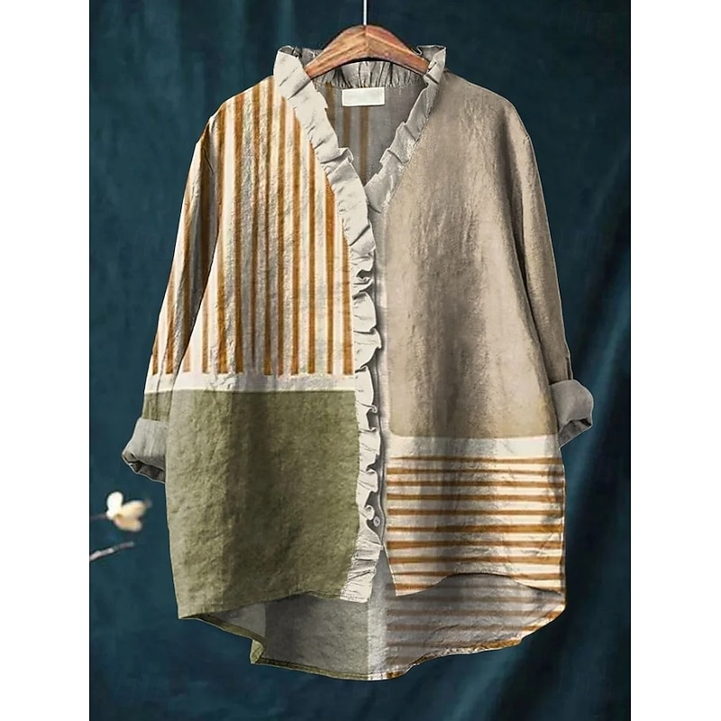 Women's Boho Shirt Graphic Geometric Elegant Bohemia Active V Neck Regular Tops Daily Holiday Beach Wear Ruffle Denim Blue Yellow Red Blue Purple Fall4